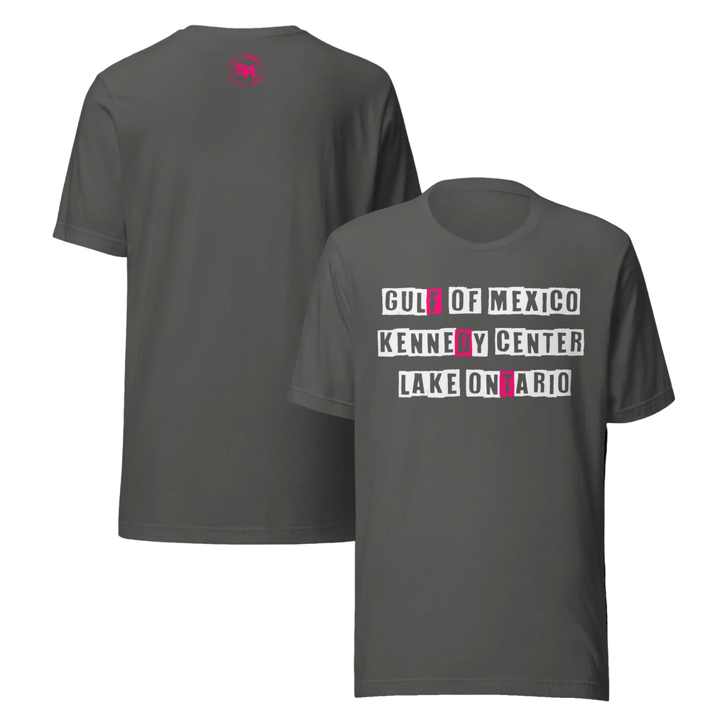 A dark gray short-sleeve t-shirt shown from both front and back. The front features a graphic print with white and pink text reading 'GULF OF MEXICO KENNELY CENTER LAKE ON MARIO'.