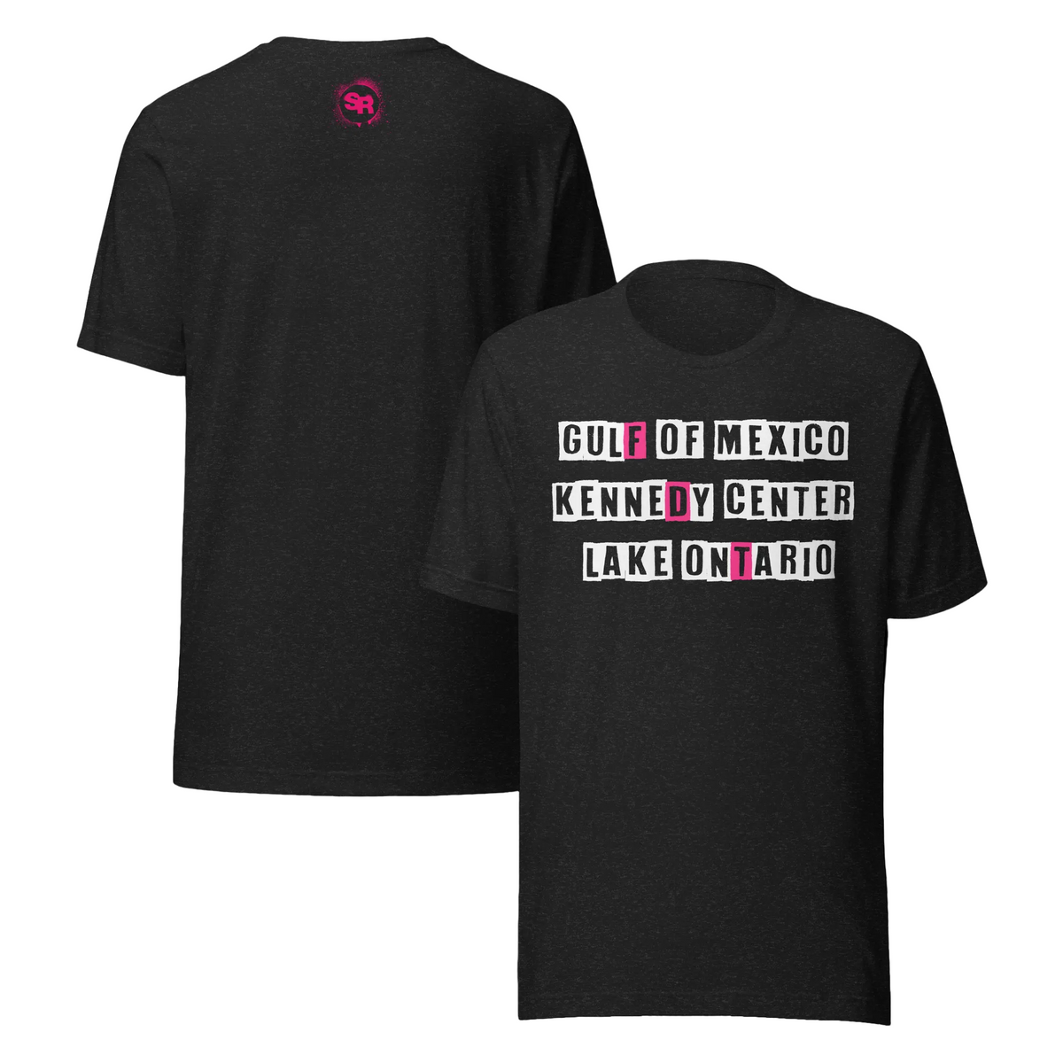 Two black short-sleeve t-shirts shown on a white background, with the front and back views overlapping. The front shirt has a bold graphic text print reading 'GULF OF MEXICO KENNEDY CENTER LAKE ONTARIO' in white and pink.