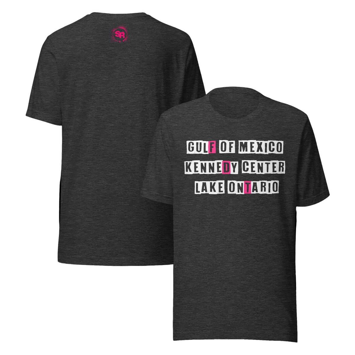 Two views of a dark heather gray t-shirt on a white background. The front view shows a graphic print reading 'GULF OF MEXICO KENNEDY CENTER LAKE ONTARIO' in white and pink block letters.