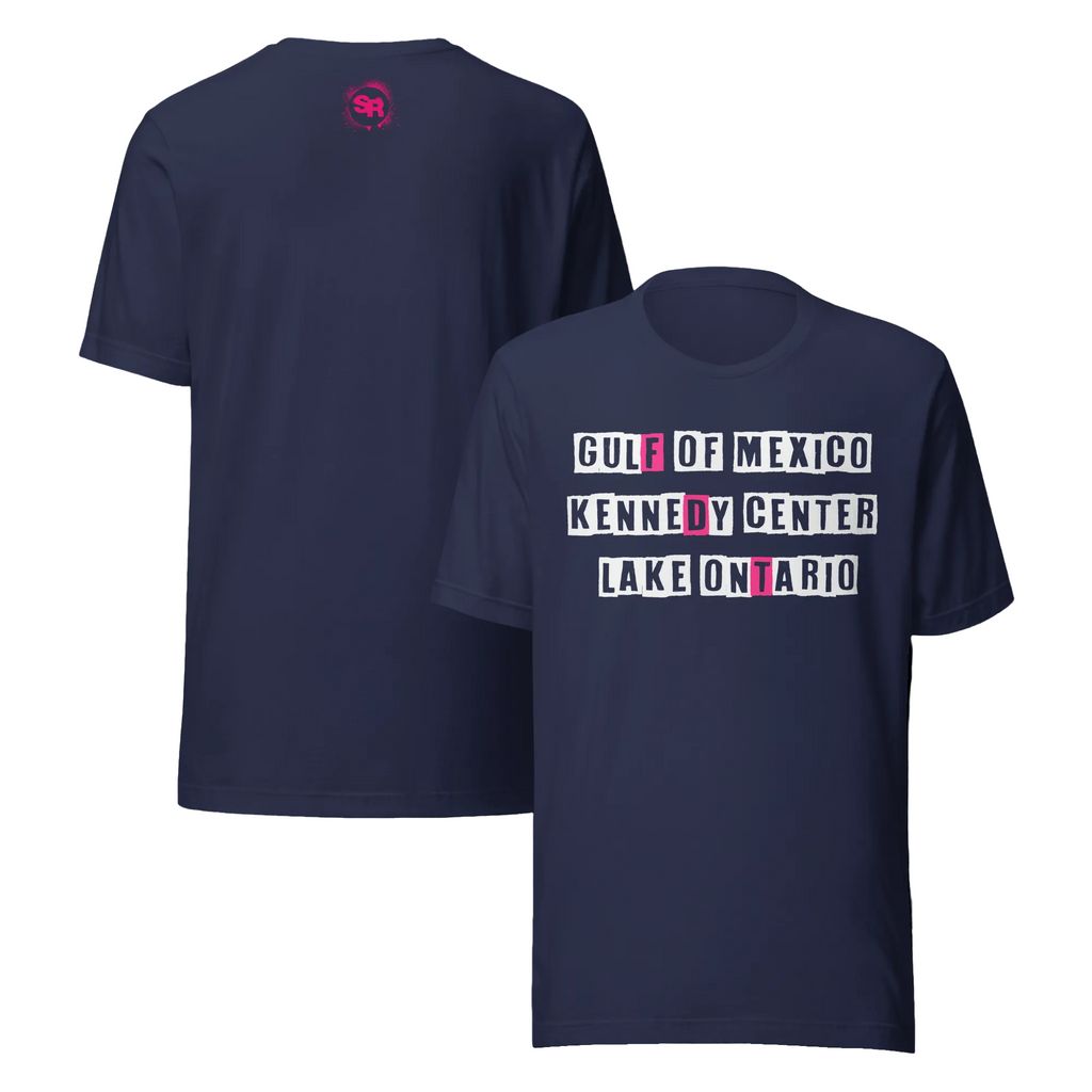 Navy blue short-sleeve t-shirt shown from both front and back. The front features a white block text graphic reading 'GULF OF MEXICO KENNEDY CENTER LAKE ONTARIO' with the word 'MEXICO' highlighted in pink.